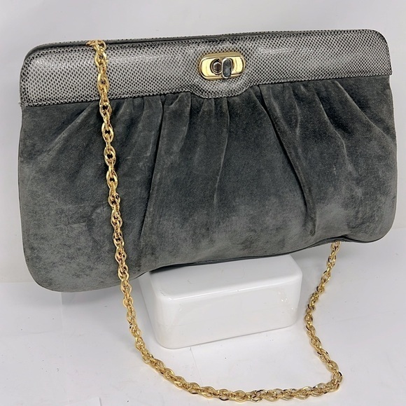 Gray Grey Suede Python Snakeskin Shoulder Clutch Bag - Picture 1 of 13